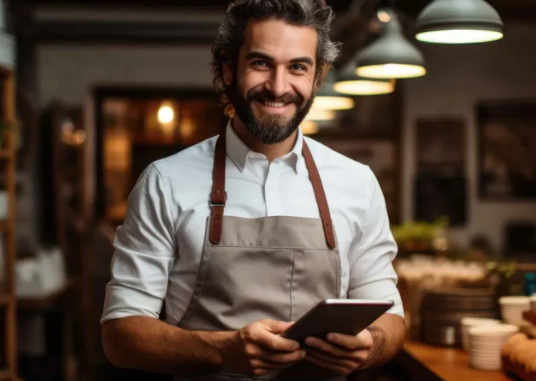 Barkeeper in einem restaurant mit grauer Schürze und Tablet in der Hand