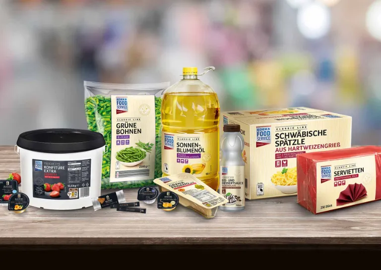 Collage von EDEKA Foodservice Classic und Premium Eigenmarkenprodukten.