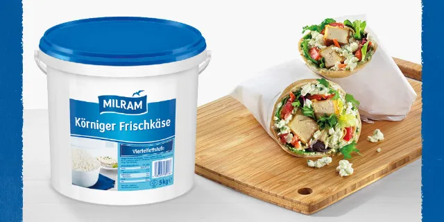 Werbung für MILRAMS körnigen Frischkäse - kombinierbar mit Broten & Wraps