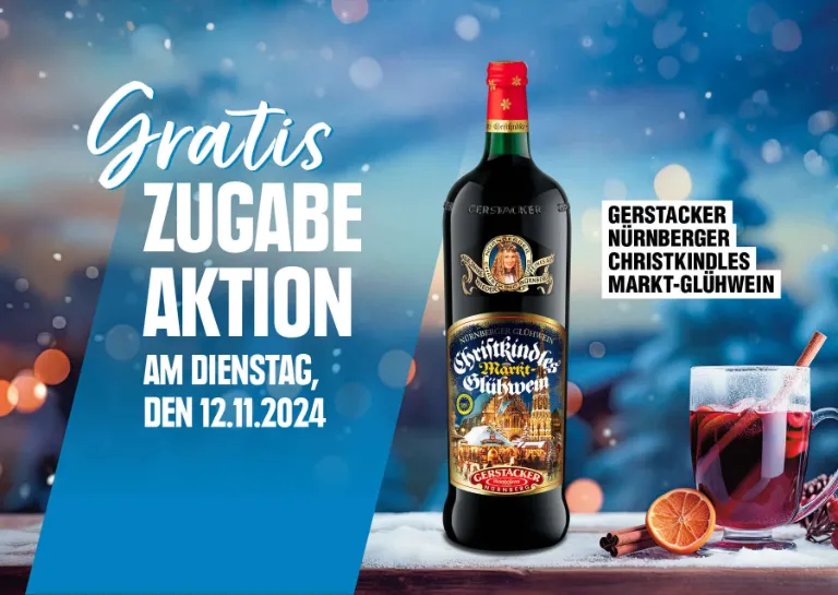 6 Flaschen Glühwein gibt es bei unserer Zugabeaktion am 12.11.2024 gratis 