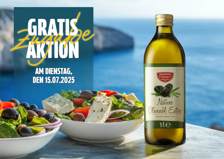 Am 15.07. gibt es 1 Liter Mama Lucia natives Olivenöl extra als Gratis-Zugabe