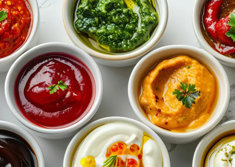 Viele verschiedene Dips und Soßen auf einem Tisch aufgereiht mit Tomaten und Kräutern dekoriert