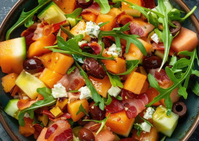 Schüssel mit Salat aus Rucola, Honigmelone, Ziegenkäse, Datteln und Oliven