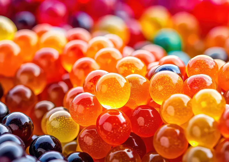 Molekularküche Liquid Drops in verschiedenen Farben und Größen.