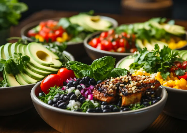 Vier Schüsseln mit verschiedenen Bowls für vegane Ernährung