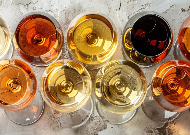 Zwei Reihen mit vielen Weingläser mit unterschiedlichen Weinen von oben fotografiert