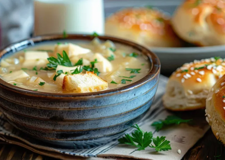 Schale mit Apfel-Wurzelgemüse-Suppe, daneben liegen zwei Brötchen