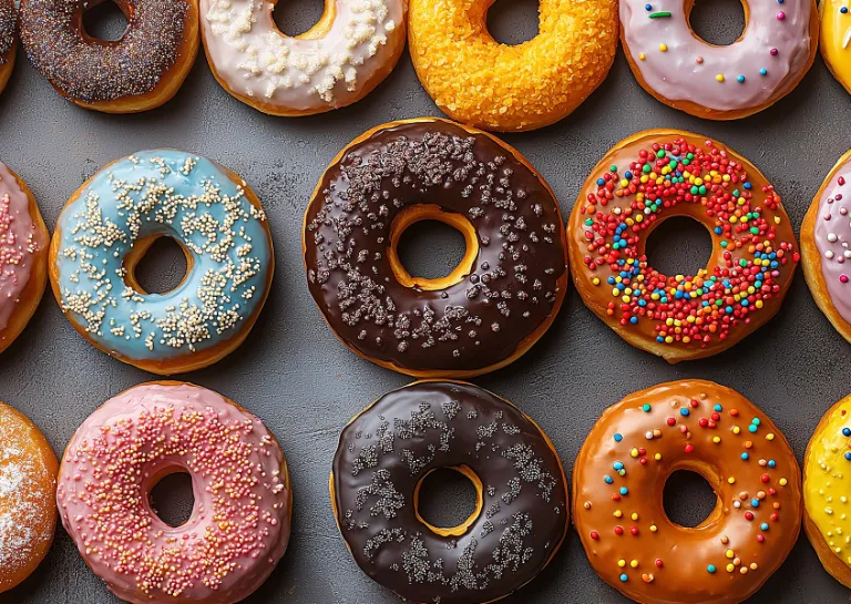 Bunte Donuts auf rosa Hintergrund