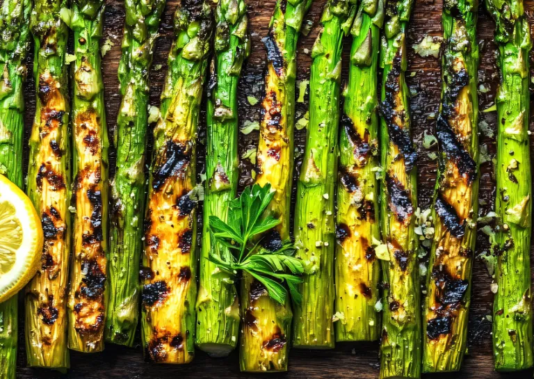 Gegrillter Spargel mit Zitronenscheiben angerichtet
