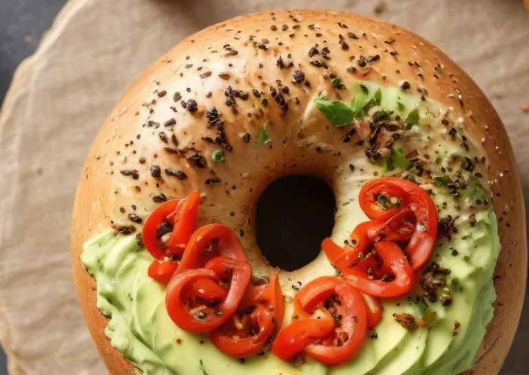 Bagel mit Avocado, Tomate und Rucola belegt 