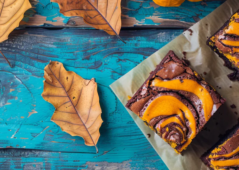 Frisch gebackene Kürbis-Brownies für Halloween auf Holzuntergrund