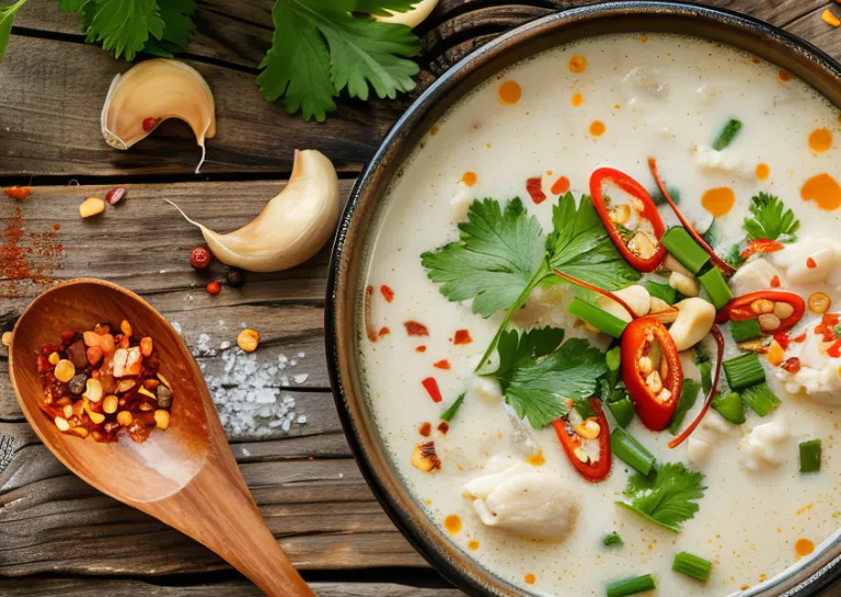Frische Tom Kha Gai-Suppe aus einem Kochtopf mit Holzlöffel