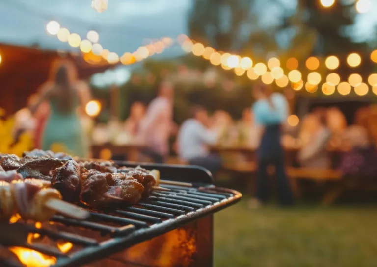 Sommergrillparty mit Grillrost im Vordergrund und Lichterketten und Menschen verschwommen im Hintergrund