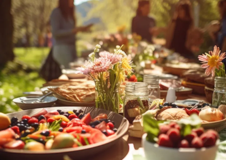 gedeckte Tafel im Garten mit Sommersalaten. 