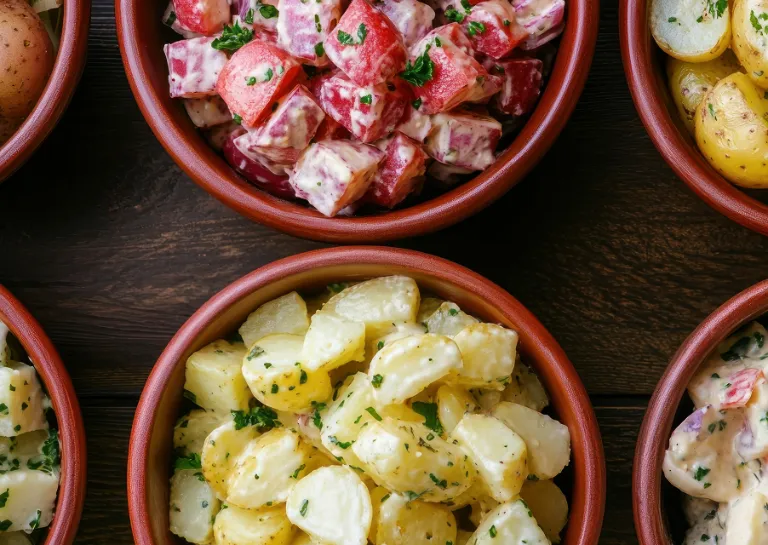 verschiedene Sorten Kartoffelsalat in kleinen Holzschalen
