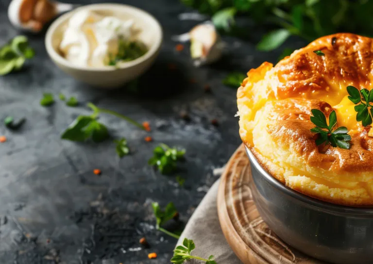 Kartoffelsoufflé in Auflaufform mit Kräutern garniert