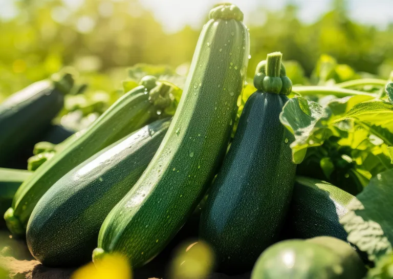 Mehrere Zucchini liegen aufrecht auf einem Feld