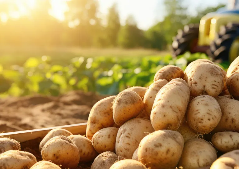 Frisch geerntet Kartoffeln am Feldrand mit einem Traktor und einem Feld im Hintergrund