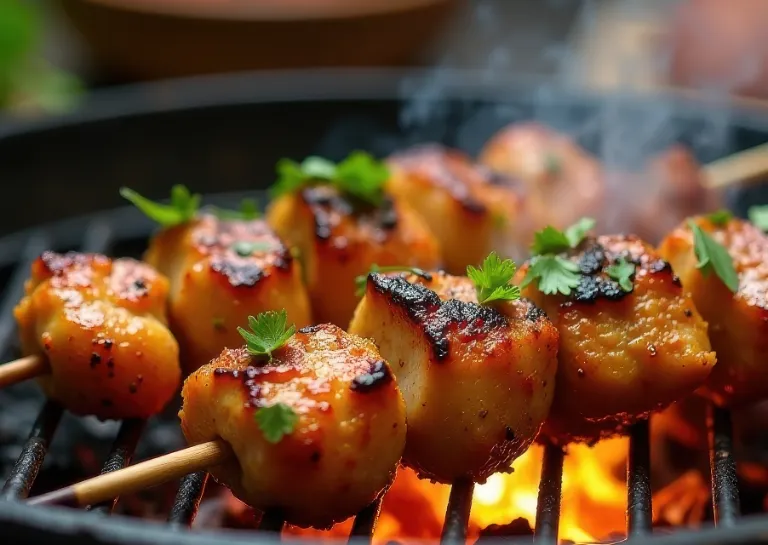 Halloumi Mango Spieß wird auf dem Grill gegrillt 