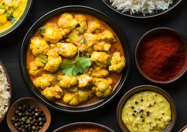Blumenkohl Curry verschiede Speisen aus der asiatische Küche angerichtet in verschiedenen Schalen