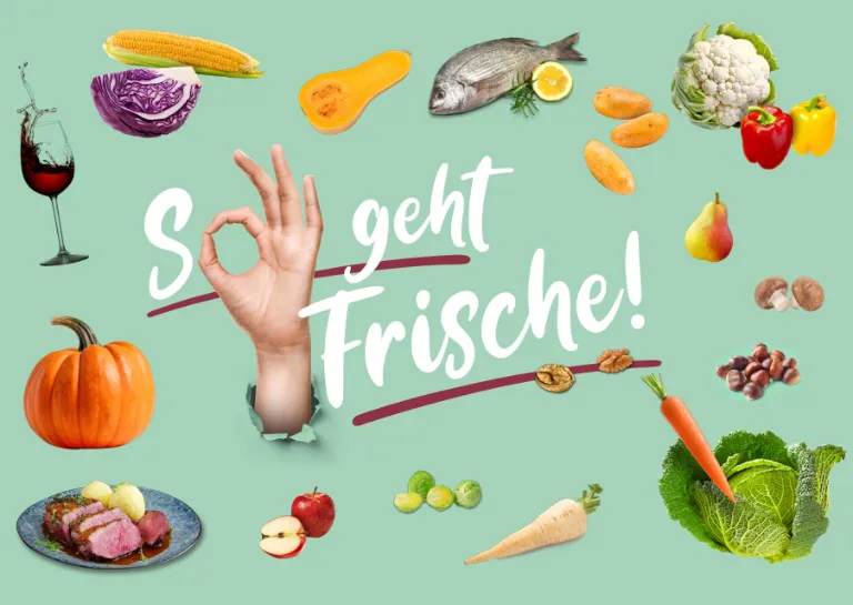 Kampagnenmotiv So geht Frische von Edeka Foodservice mit Slogan und Bildern von Obst und Gemüse vor mintfarbenem Hintergrund