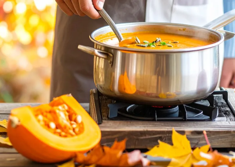 Kochtop mit Kürbissuppe steht auf einer Herdplatte, daneben liegen ganze und halbe Kürbisse