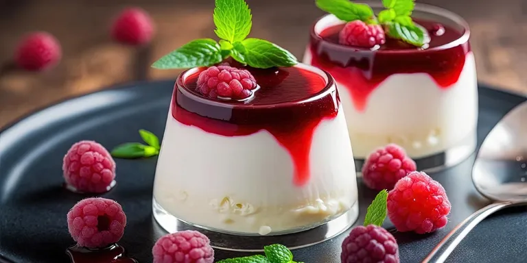 Panna Cotta in einem Dessertglas mit Himbeermous und frischen Himbeeren als Topping garniert mit frischer Minze angerichtet auf einem schwarzen Teller auf einem Holztisch