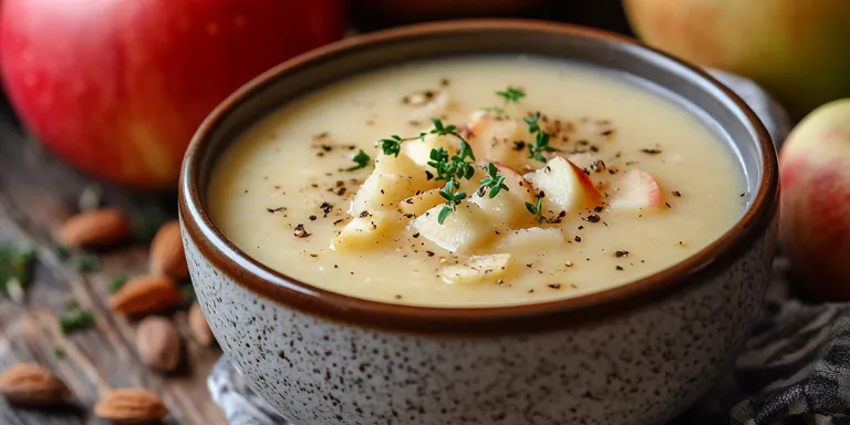 Apfel-Wurzelgemüse-Suppe angerichtet in einer grauen Schüssel