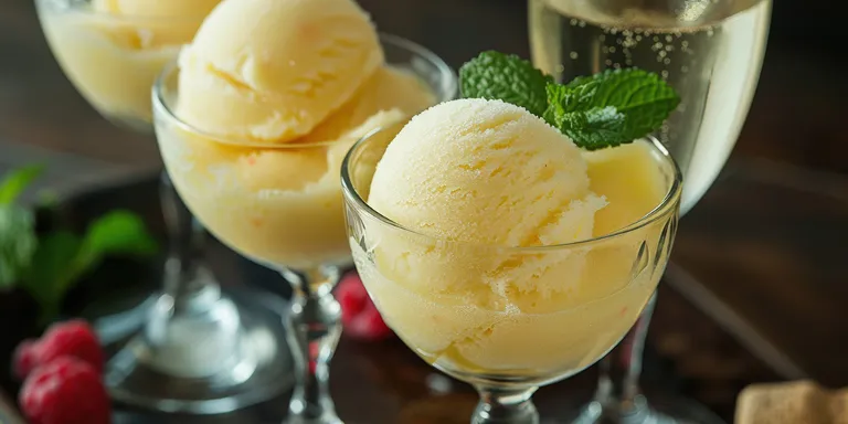 Champagner-Sorbet mit Minze in Gläsern angerichtet