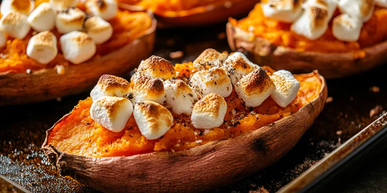 Eine halbe Süßkartoffel als Kumpir gefüllt mit gebräunten Marshmallows
