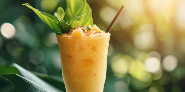 Alkoholfreier Cocktail mit Ananas-Smoothie in einem Glas vor Palmenhintergrund