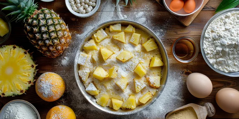 Zutaten für einen Ananas-Kuchen auf Holztisch