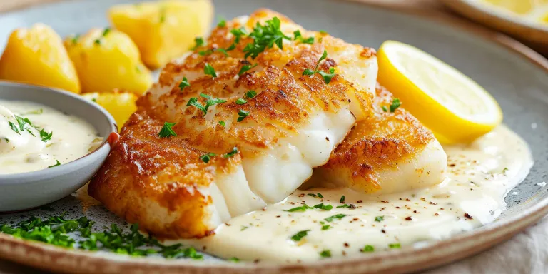 Kalbejaufilet mit Kartoffeln und Zitrone auf Teller angerichtet