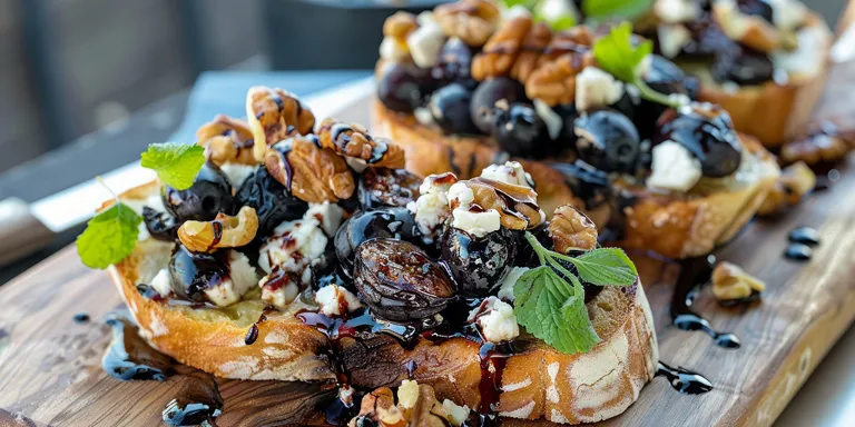 Bruschetta mit Ziegenkäse und Zwetschgen auf Sauerteigbrot