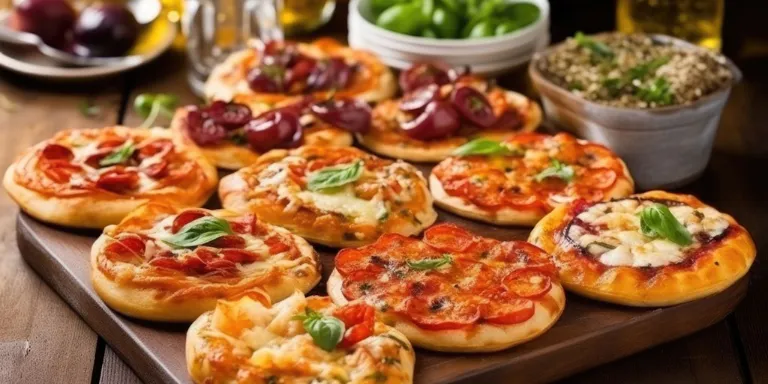 verschiedene Sorten Mini Pizzen auf einem Holzbrett angerichtet mit Zutaten wir Olivenöl und Basilikum in kleinen Schalen im Hintergrund.