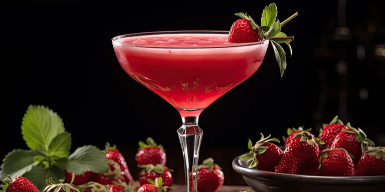 Strawberry Martini in einem Glas mit frischen Erdbeeren und Minze garniert.
