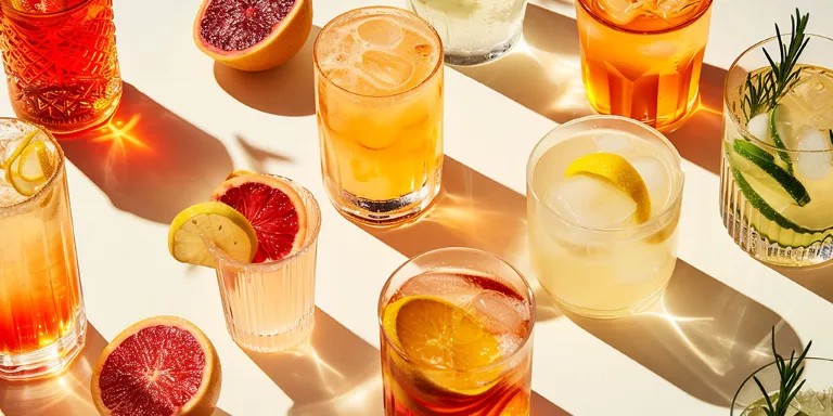 Alkoholfreie Alternative Rezeptidee Sundowner - verschiedene Gläser mit Mocktail gefüllt, dekoriert mit Citrusfrüchten