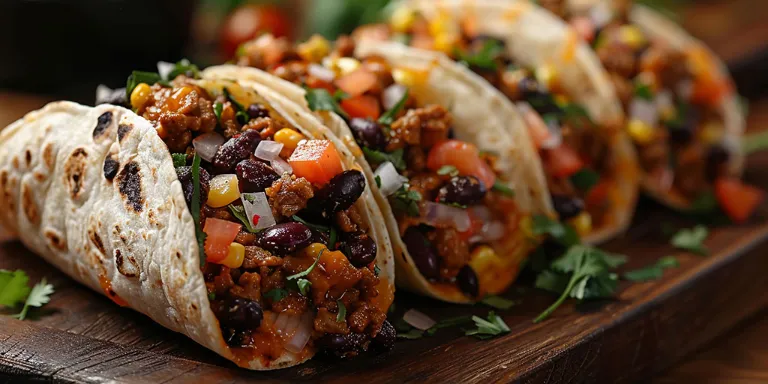 Tortillafladen gefüllt mit klein geschnittenem Grillgemüse angerichtet auf einem Holzbrett.