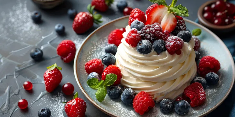 Zabaione mit Waldbeeren dekoriert auf einem grauen Teller