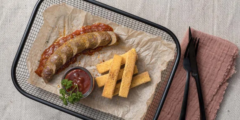 Currywurst mit Polenta-stickst und Dip 