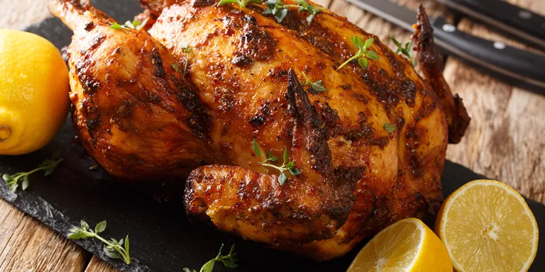 braun gebackenes ganzes Hähnchen mit Zitronen-Ingwer Marinade.