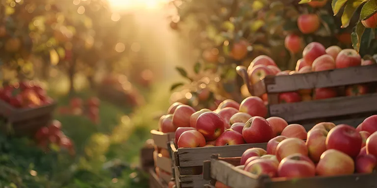 Äpfel auf einer Wiese mit Apfelbäumen, im Vordergrund Äpfel in Kisten