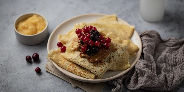 Gefaltete Crêpes mit Johannisbeeren und Nutella auf einem Teller und Apfelmus in einem Schälchen