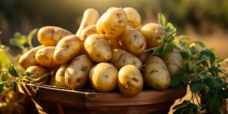 Kartoffeln in einem Korb im Sonnenuntergang auf einem Feld