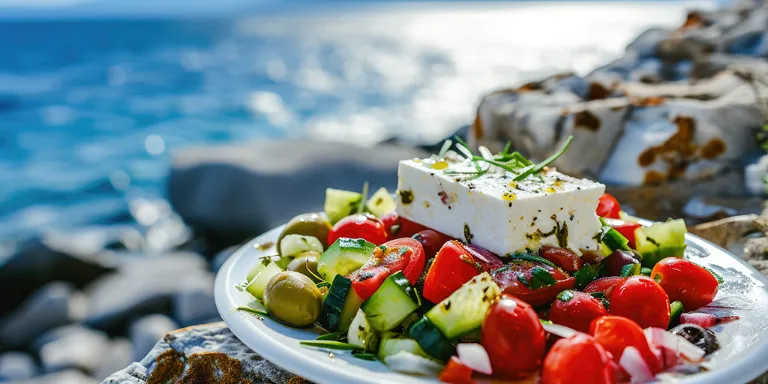 Frisches Gemüse mit Feta-Käse auf Teller vor Meeres-Kulisse