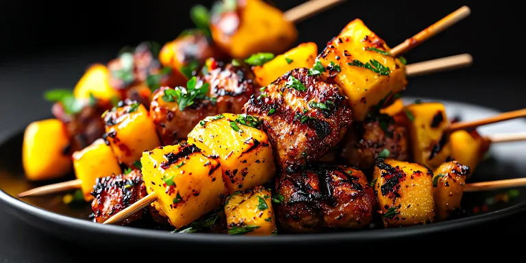 Halloumi-Mango-Spieß gegrillt auf einem Teller serviert 