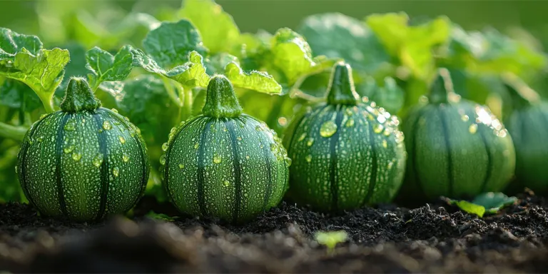 Vier runde Zucchinis liegen nebeneinander auf einem Feld