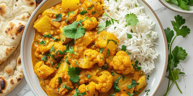 Blumenkohl Curry vegane Rezeptidee angerichtet mit Reis auf einem weißen Teller