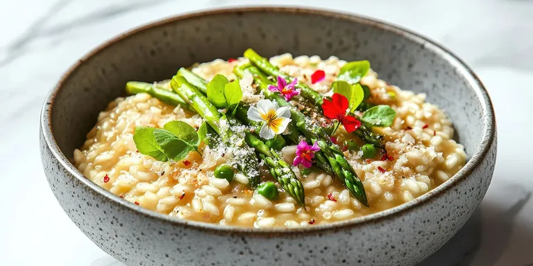 Rhabarber Risotto mit grünem Spargel angerichtet in einer Schale mit essbaren Blumen dekoriert