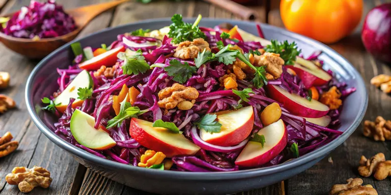 Rotkohl-Apfel-Salat angerichtet auf einem Teller mit Walnüssen und Rucola
